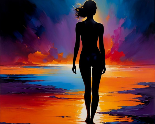 Silhouette of Woman by Vibrant Sunset at Ocean Edge