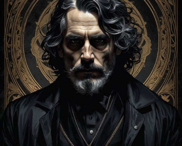 Stern Man with Dark Hair and Ornate Coat in Mystical Setting