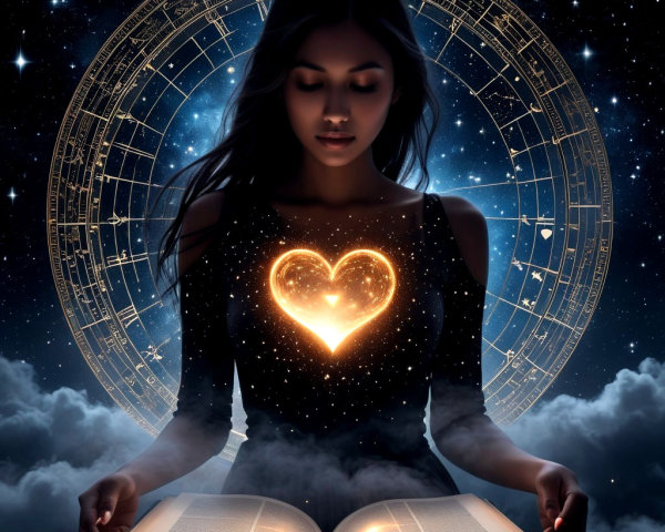 Mystical Scene of Woman with Glowing Book and Stars