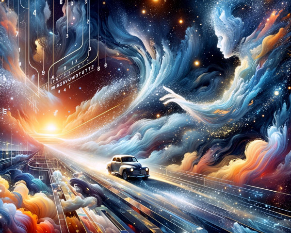 Surreal Cosmic Landscape with Vintage Car and Clouds