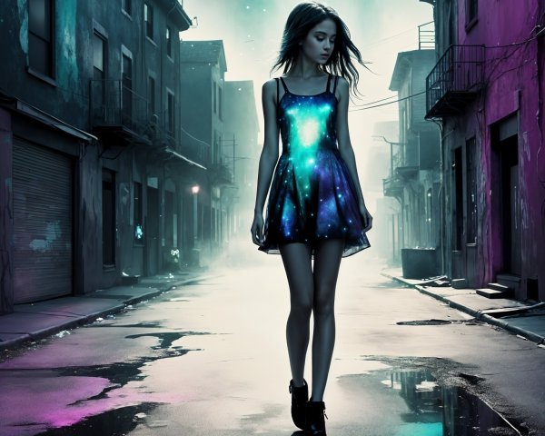 Tall girl in galaxy-print dress in misty alleyway