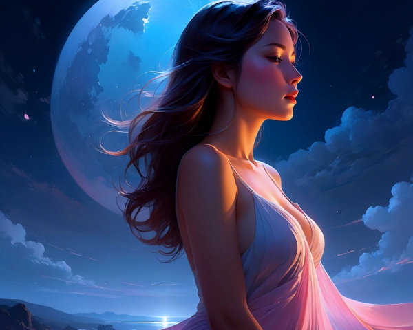 Ethereal Scene of a Woman Under a Moonlit Sky
