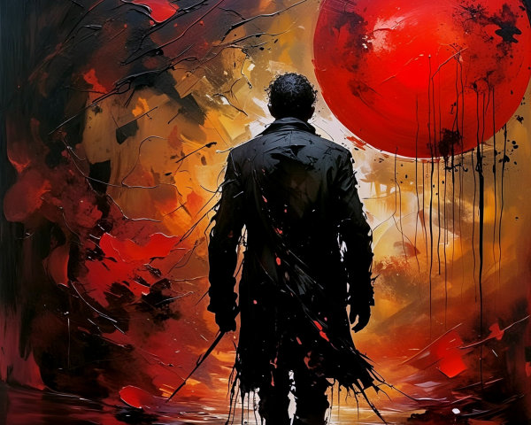 Lone Figure in Dark Coat Against Vibrant Abstract Background