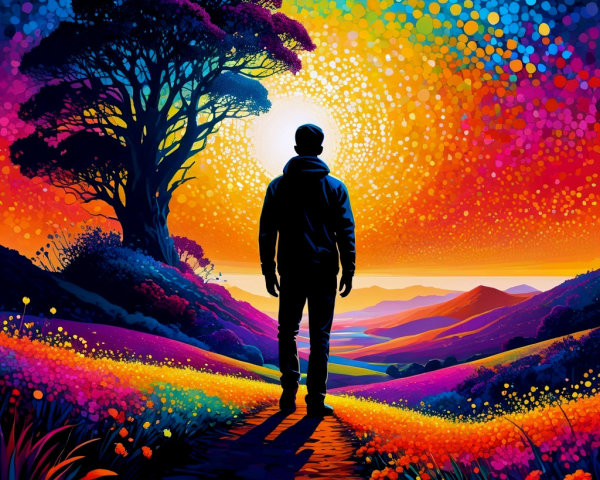 Silhouette on a Colorful Path with Vibrant Landscape