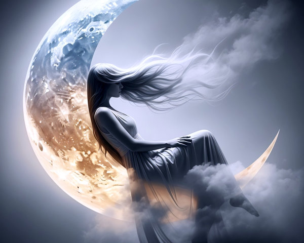 Serene figure on crescent moon in ethereal clouds