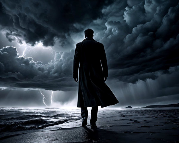 Solitary Figure on Dark Shore Facing Turbulent Ocean