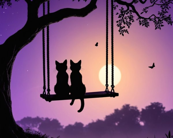 Silhouettes of Cats on a Swing at Sunset