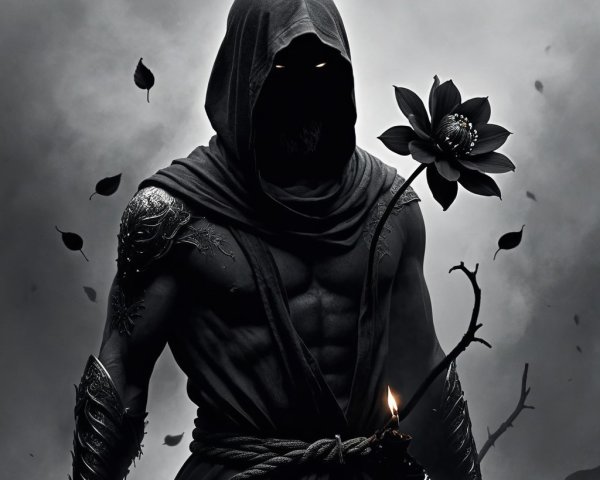 Mysterious Figure in Dark Ethereal Landscape with Lotus