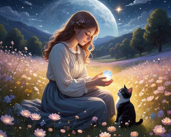 Girl in White Dress with Orb in Starry Landscape