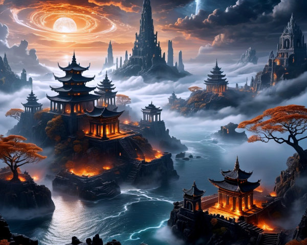Mystical Landscape with Mountains and Pagodas
