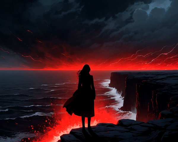 Solitary Figure on Cliff Overlooking Fiery Ocean