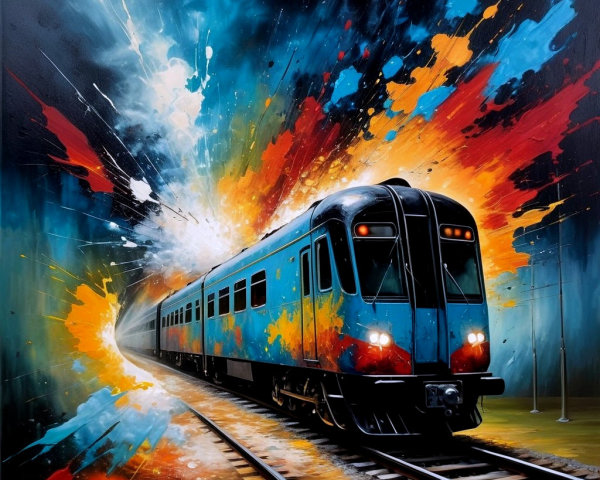 Vibrant Painting of a Train in a Colorful Tunnel