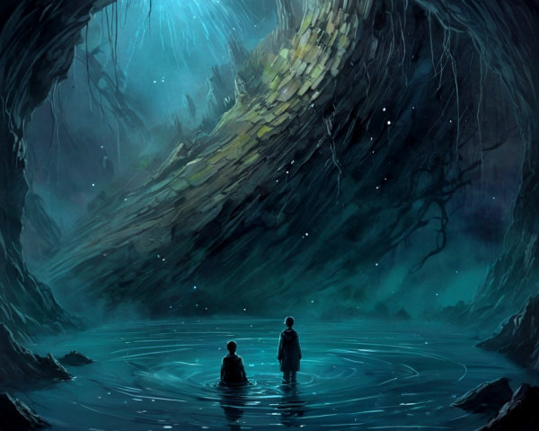 Mystical Cave with Ethereal Light and Shallow Water