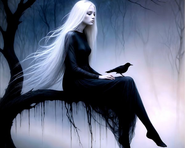 Ghostly Figure on a Tree Branch in Ethereal Landscape