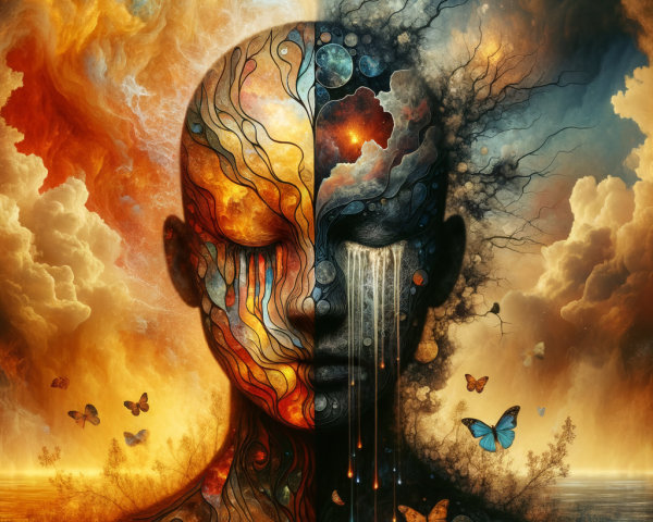 Surreal Human Head Split with Contrasting Colors and Butterflies
