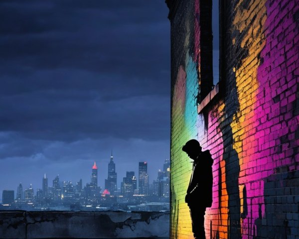 Man Silhouetted Against Colorful Graffiti Wall