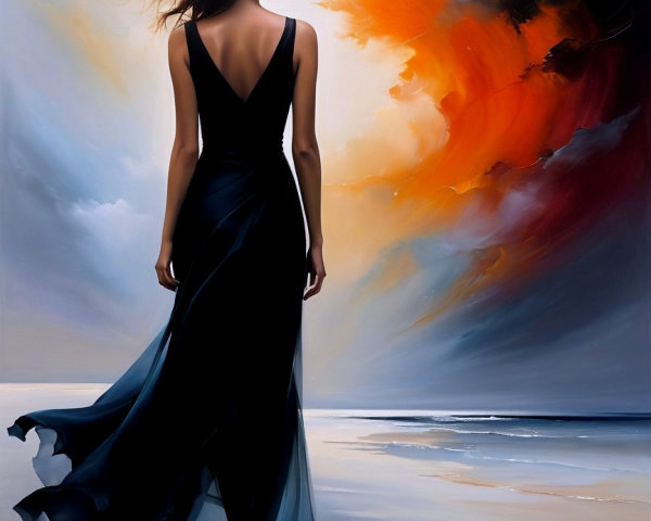 Solitary Figure in Black Dress at Sunset Shoreline