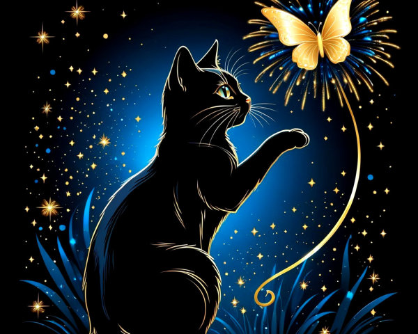 Black Cat with Butterfly in Starry Night Scene