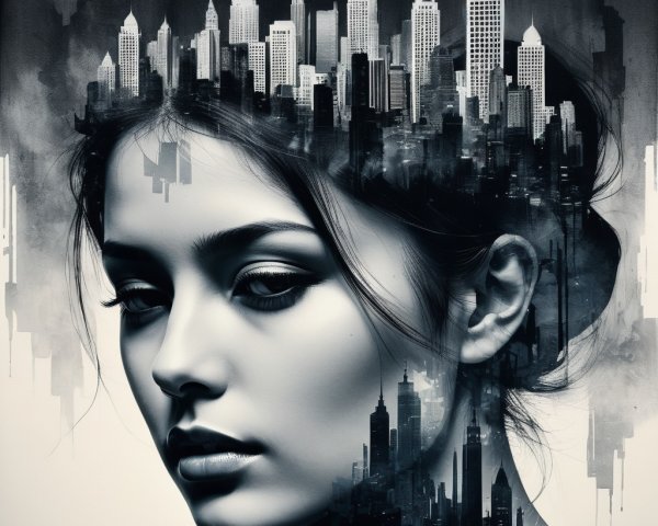 Photorealistic portrait of a woman with city silhouette hair