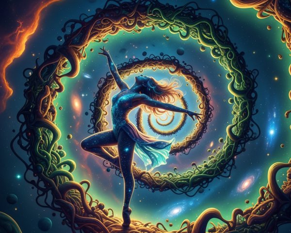 Cosmic Dancer Among Vines and Galaxies in Colorful Scene