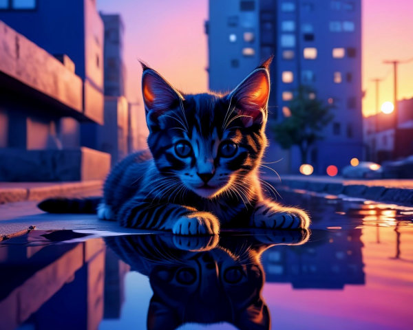 Tabby Kitten on Wet Street with Sunset Reflection
