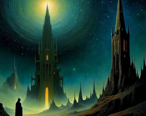 Mysterious Gothic Landscape Under Starlit Sky