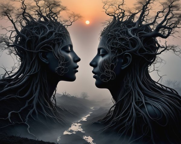 Ethereal Faces Intertwined with Tree Branches at Sunset