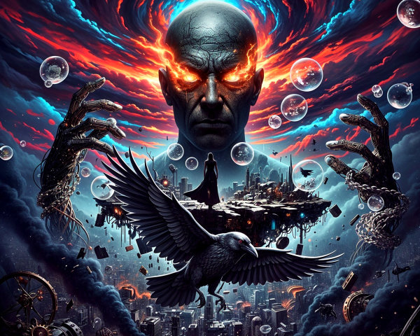 Surreal Scene with Humanoid Figure and Cosmic Elements