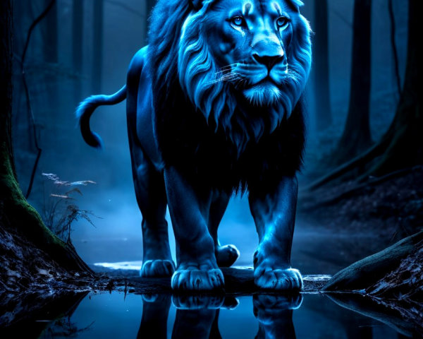 Majestic lion in a mystical forest with glowing fur