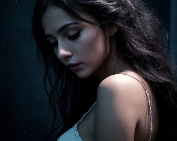 Young woman in white garment against blue background