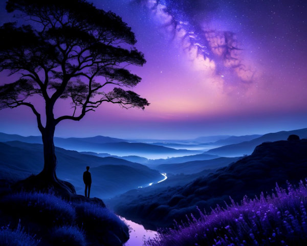 Serene landscape with a silhouette by a tree and stars