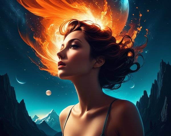 Woman with Fiery Hair Against Starry Sky and Mountains