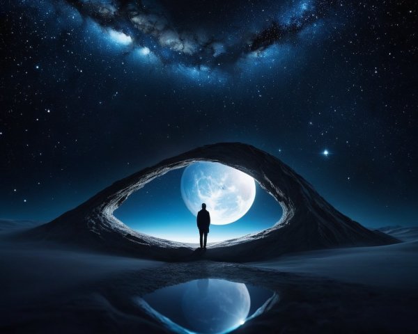 Solitary Figure in Surreal Moonlit Landscape