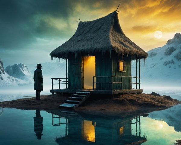 Man in Trench Coat by Rustic Hut on Island Landscape