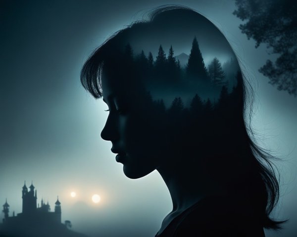 Silhouetted Woman with Mystical Landscape and Castle
