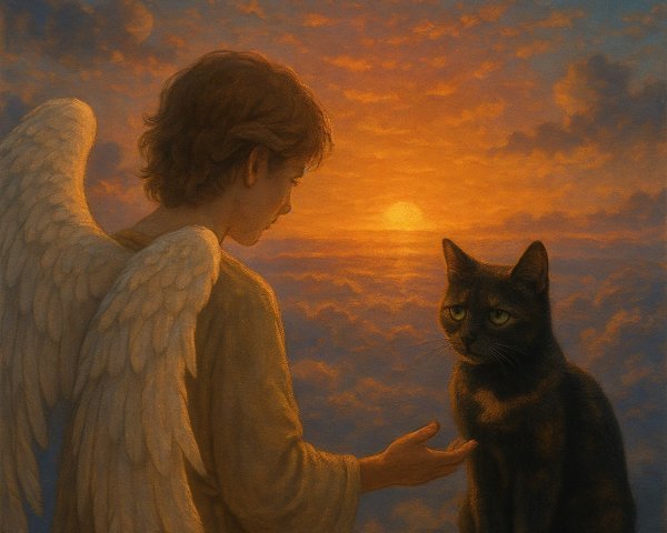Ethereal Scene of Angel and Contemplative Black Cat