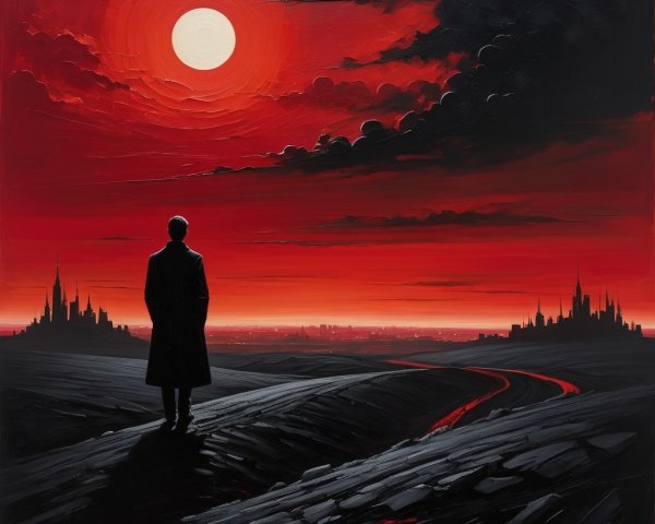 Silhouette on Dark Path Under Fiery Red Sky