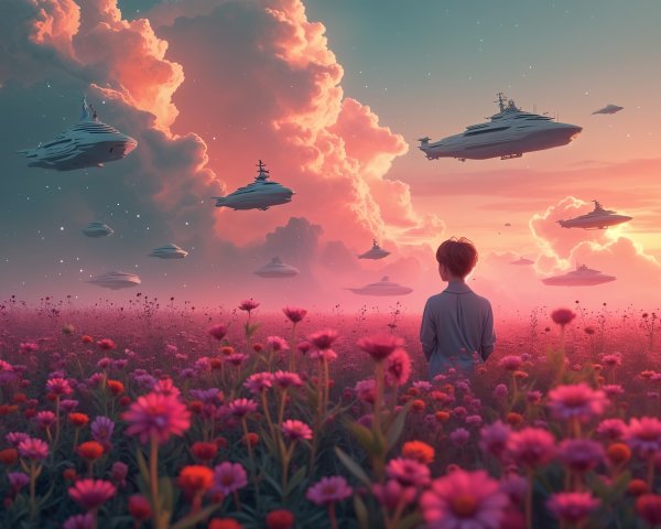 Young person in flower field under futuristic sunset