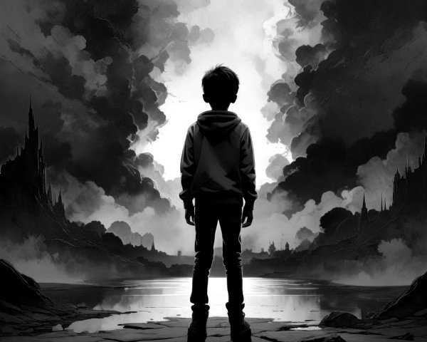 Black and white digital painting of a solitary boy gazing at sky