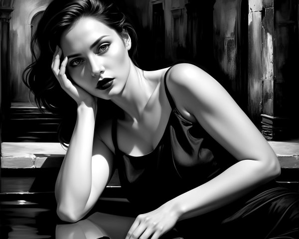 Black-and-white portrait of a contemplative woman