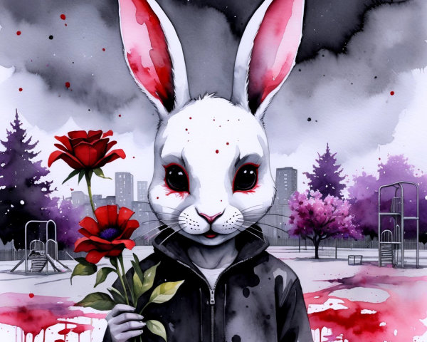 Haunting Figure in Rabbit Mask with Red Roses in Playground
