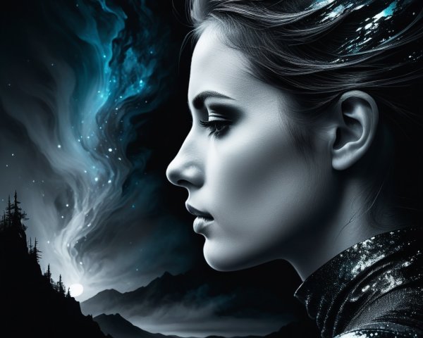 Side Profile of Woman with Cosmic Background