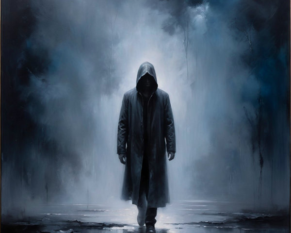 Mysterious Figure in Foggy Landscape at Dusk