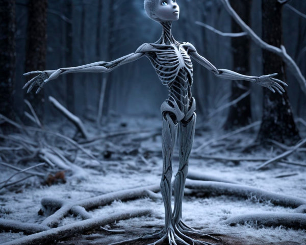 Humanoid Figure in a Frost-Covered Forest Scene
