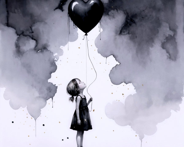 Black and White Scene of Girl with Heart Balloon