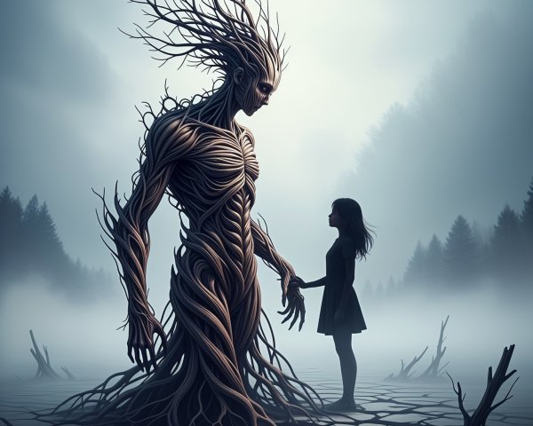 Humanoid Figure of Branches in Misty Landscape