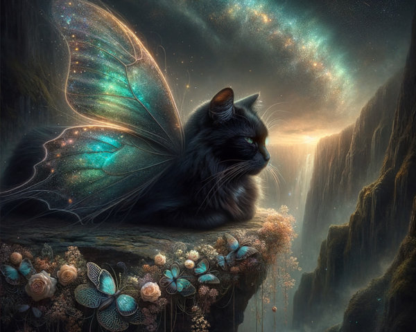 Black Cat with Butterfly Wings in Cosmic Landscape