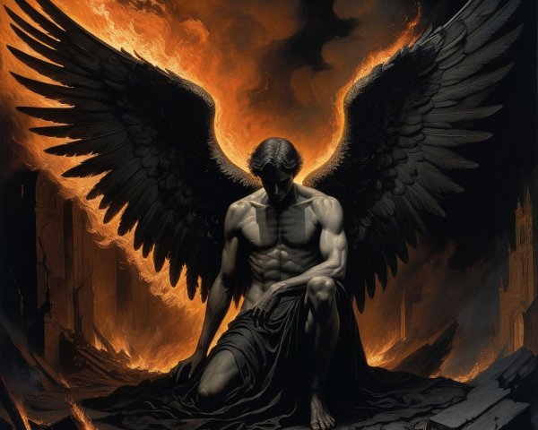 Kneeling Figure with Dark Wings in Fiery Ruins