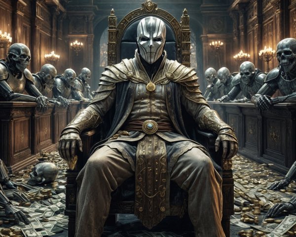Evil king on throne with skeleton henchmen and gold