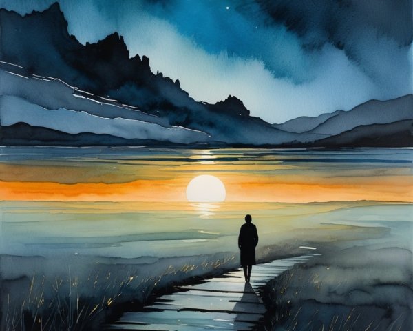 Serene Dusk Landscape with Solitary Figure and Water